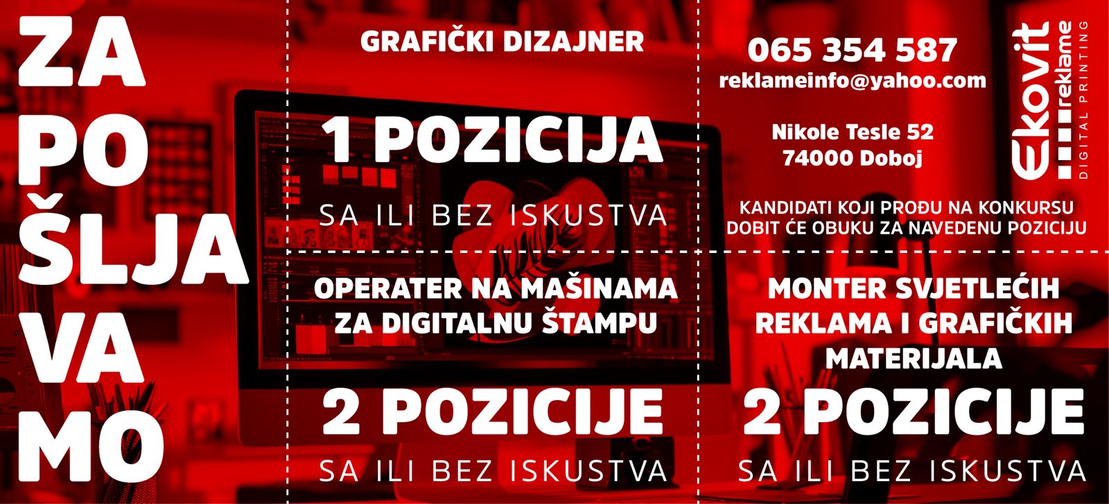 OGLAS ZA POSAO: Ekovit reklame zapošljava pet radnika u Doboju