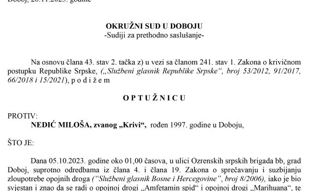 DOBOJ: Potvrđena optužnica protiv optuženog za krivična djela neovlaštena proizvodnja i promet opojnih droga i omogućavanje uživanja opojnih droga