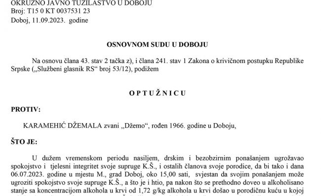 DOBOJ: Potvrđena optužnica protiv Karamehić Džemala za krivična djela nasilje u porodici ili porodičnoj zajednici i sprečavanje službenog lica u vršenju službene radnje