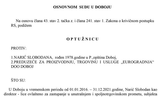 FOTO: Dobojski Info | Podignuta optužnica protiv Slobodana Narića i privrednog društva „Eurogradnja“ Doboj