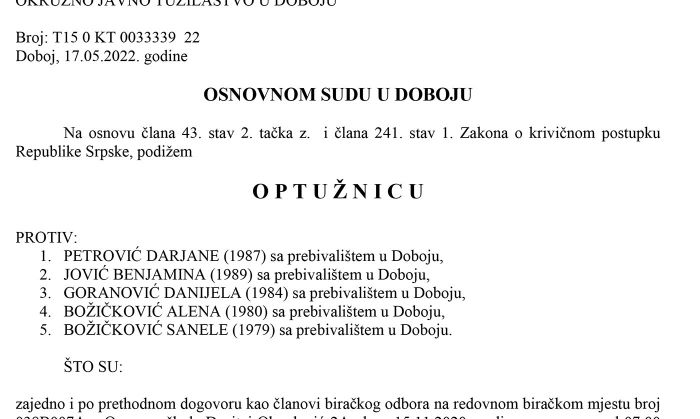 FOTO: Dobojski Info | PONIŠTENI IZBORI 2020: Potvrđena optužnica protiv pet članova biračkog odbora zbog izborne prevare u postupku izbornih aktivnosti