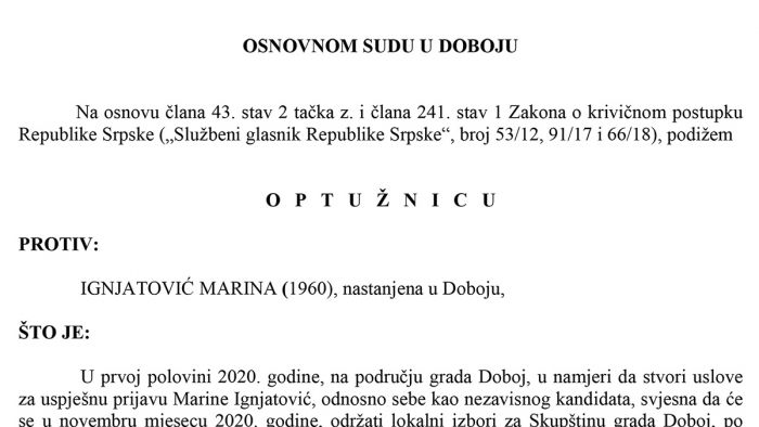 FOTO: Dobojski Info | PONIŠTENI IZBORI 2020: Potvrđena optužnica protiv Marine Ignjatović zbog neovlaštenog korištenja ličnih podataka i falsifikovanja isprave