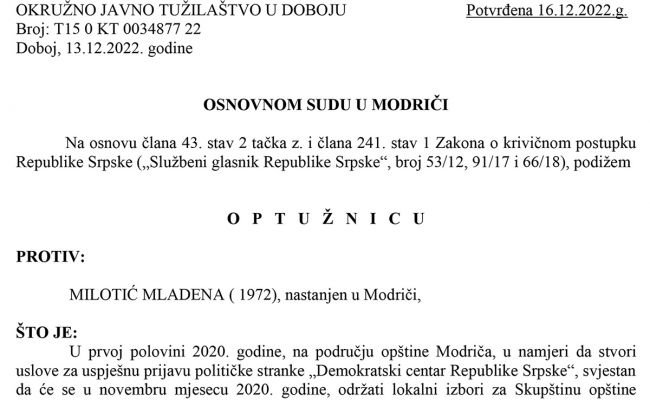 FOTO: Dobojski Info | DOBOJ: Potvrđena optužnica zbog neovlaštenog korištenja ličnih podataka i falsifikovanja isprave u postupku izbornih aktivnosti za lokalne izbore 2020.g.