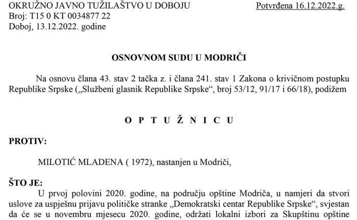 FOTO: Dobojski Info | DOBOJ: Potvrđena optužnica zbog neovlaštenog korištenja ličnih podataka i falsifikovanja isprave u postupku izbornih aktivnosti za lokalne izbore 2020.g.