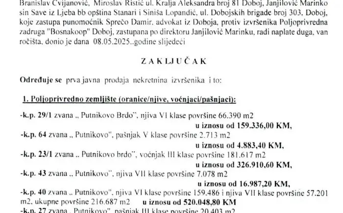 FOTO: Dobojski Info | JAVNA PRODAJA ZEMLJIŠTA BOSNAKOOP-a: Prvo ročište zakazano za 18. jun, u ponudi 31 parcela
