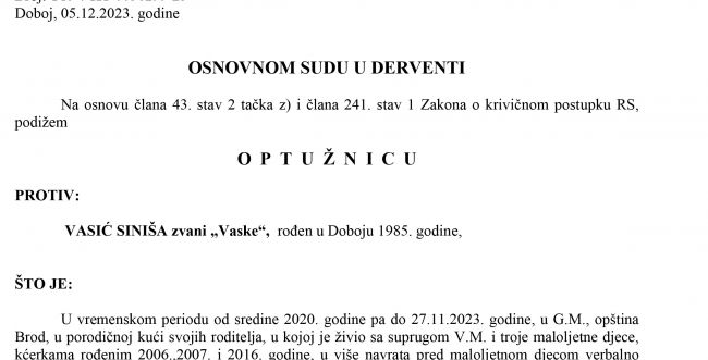 DOBOJ: Potvrđena optužnica protiv optuženog za krivično djelo nasilje u porodici ili porodičnoj zajednici