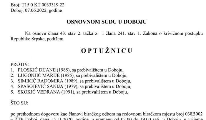 FOTO: Dobojski Info | Potvrđena optužnica protiv pet članova biračkog odbora zbog izborne prevare - ŽTP Doboj