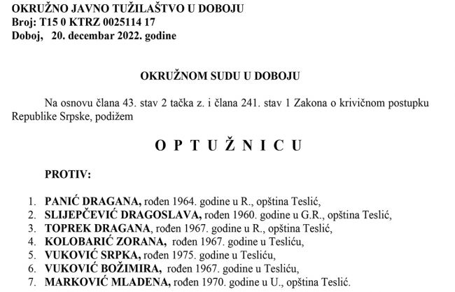 FOTO: Dobojski Info | DOBOJ: Potvrđena optužnica protiv sedam lica zbog krivičnog djela ratni zločin protiv civilnog stanovništva