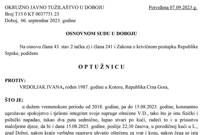 DOBOJ: Potvrđena optužnica protiv Vrdoljak Ivana za krivično djelo nasilje u porodici ili porodičnoj zajednici