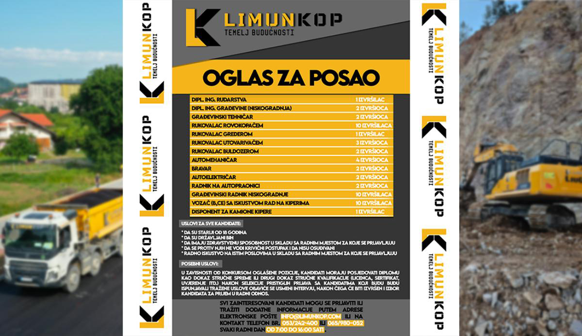 OGLAS ZA POSAO: LIMUNKOP zapošljava više izvršilaca na različitim pozicijama