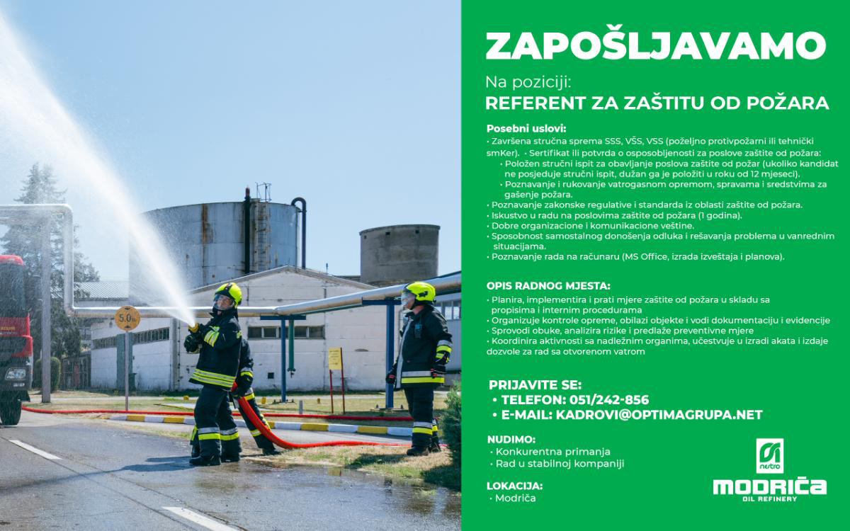 OGLAS ZA POSAO: Rafinerija ulja Modriča zapošljava referenta za zaštitu od požara