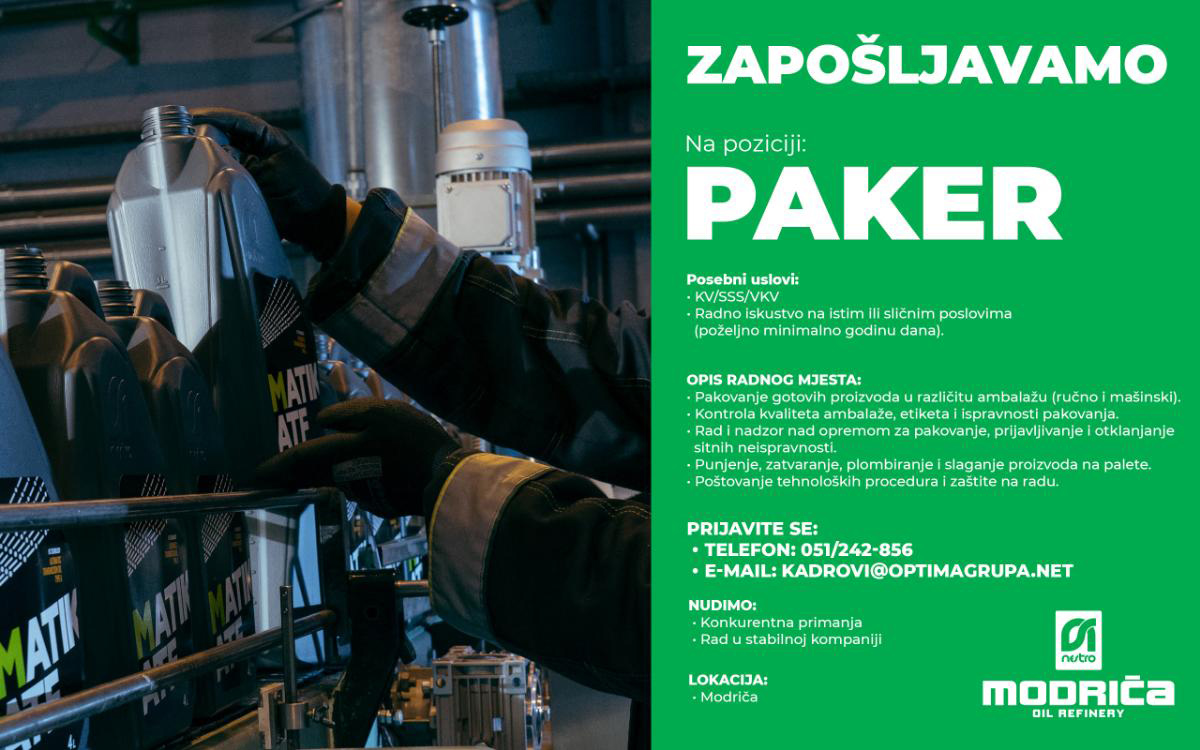 OGLAS ZA POSAO: Rafinerija ulja Modriča zapošljava pakera