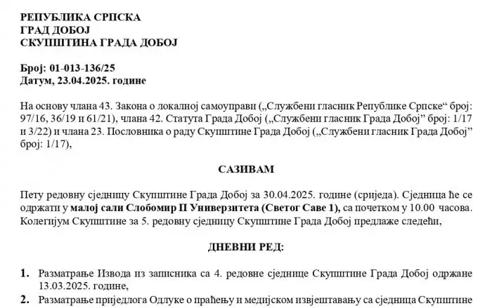 DOBOJSKI INFO NAJAVLJUJE: Danas peta redovna sjednica Skupštine grada Doboj